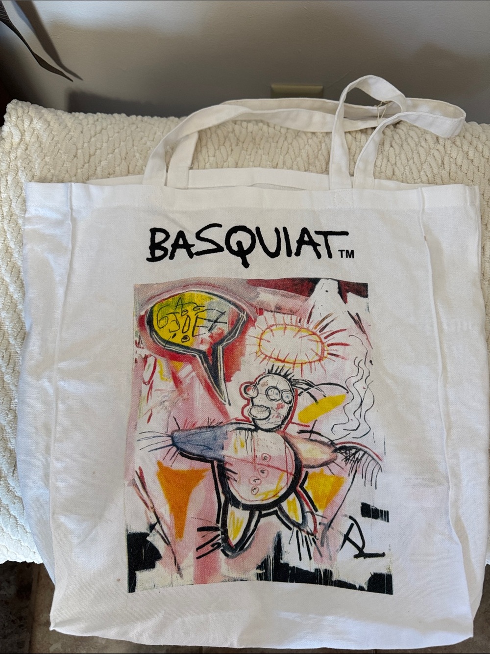 Basquiat White Tote Bag with Colorful Artwork